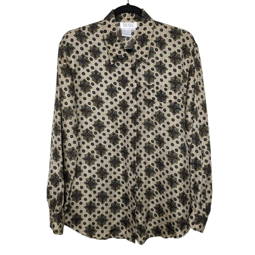 Vintage TESS 100%‎ Silk Brown Geometric Block Button Blouse Size W S